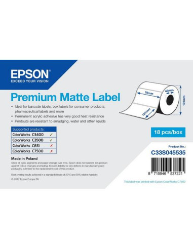 Epson Premium Matte Label - Die-cut Roll: 76 x 127 mm, 265 labels